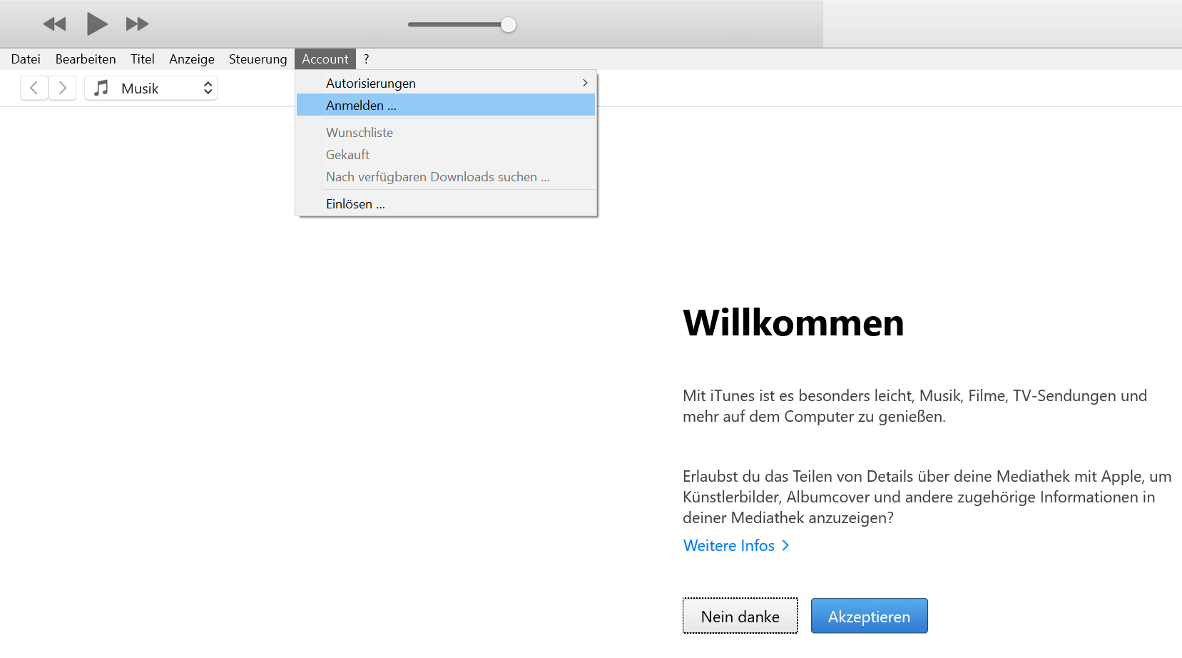 Mit Apple ID bei iTunes unter Windows 10 anmelden